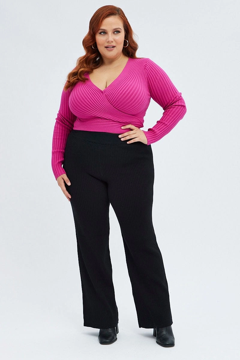 Black Knit Pants Rib Wide Leg Elastic Waist Full Length ExtendedSizeRange