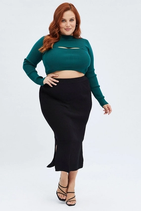 Soft Palette Black Knit Skirt Midi Side Split