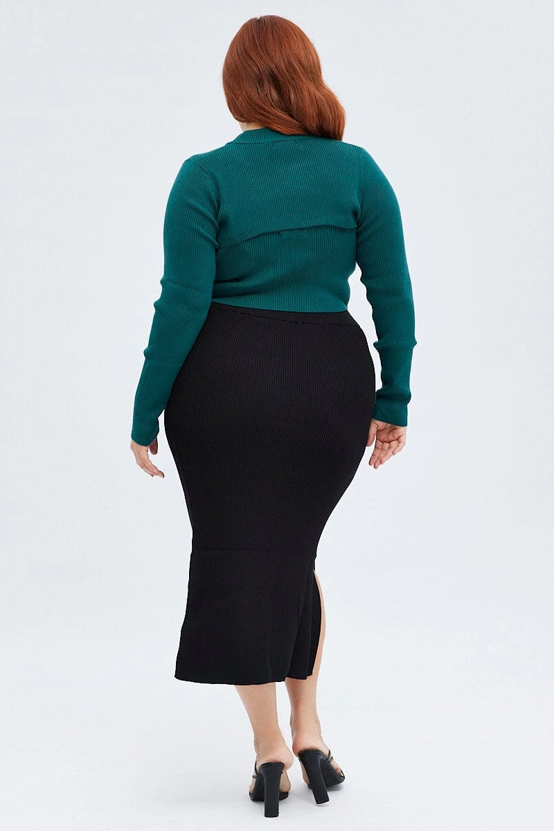 Light Outfit Layered Look Black Knit Skirt Midi Side Split