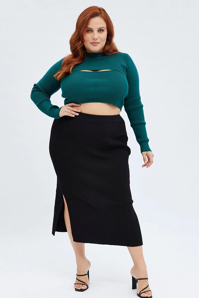Daily Essential Black Knit Skirt Midi Side Split