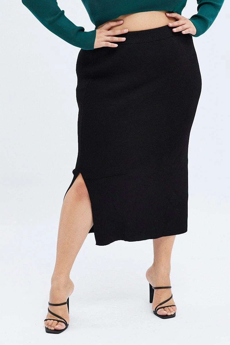 Slip Resistant Waist Beach Day Black Knit Skirt Midi Side Split