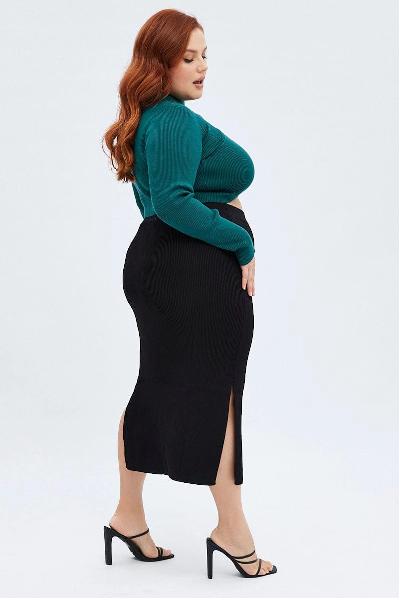 Black Knit Skirt Midi Side Split Bold Statement