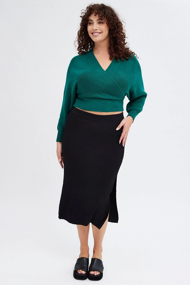 Black Knit Skirt Midi Side Split Effortless Feel Wrinkle Resistant Finish