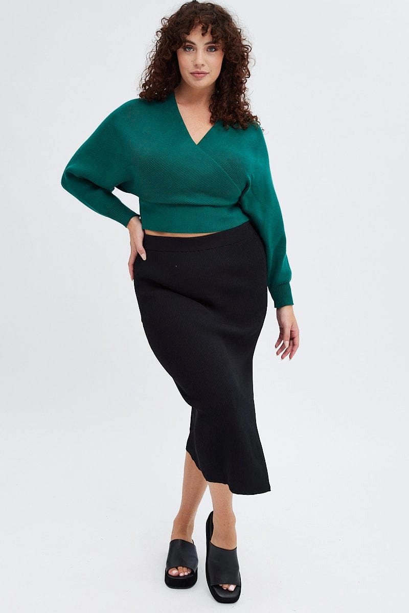 Modern Design Black Knit Skirt Midi Side Split