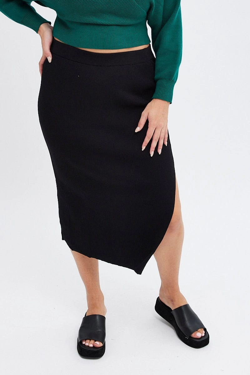 Black Knit Skirt Midi Side Split casual finish Calm Mood