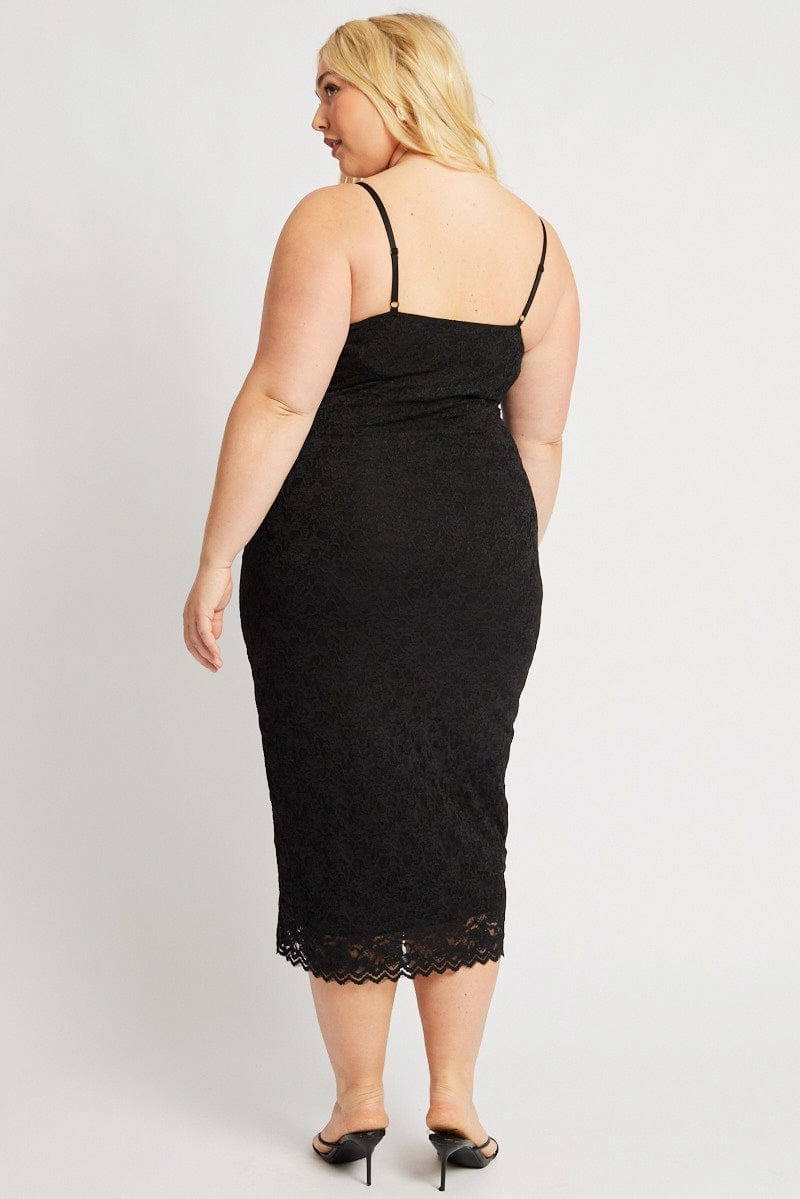 Feminine Comfort Pure Shape Black Lace Bodycon Midi Dress