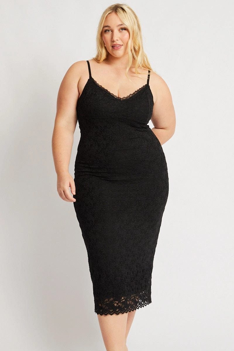 soft fit Black Lace Bodycon Midi Dress