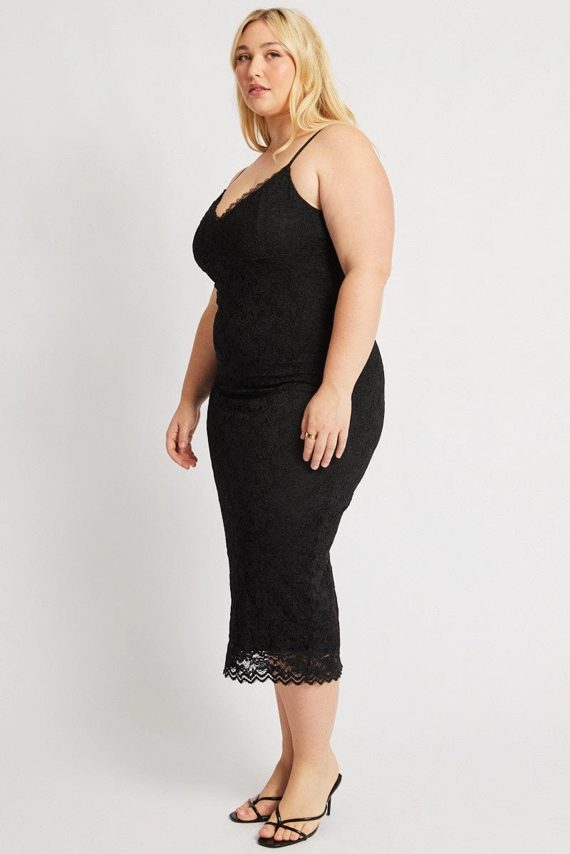 Vibrant Style Daytime Look Black Lace Bodycon Midi Dress