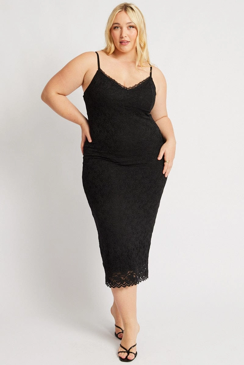 Black Lace Bodycon Midi Dress Basic Shape