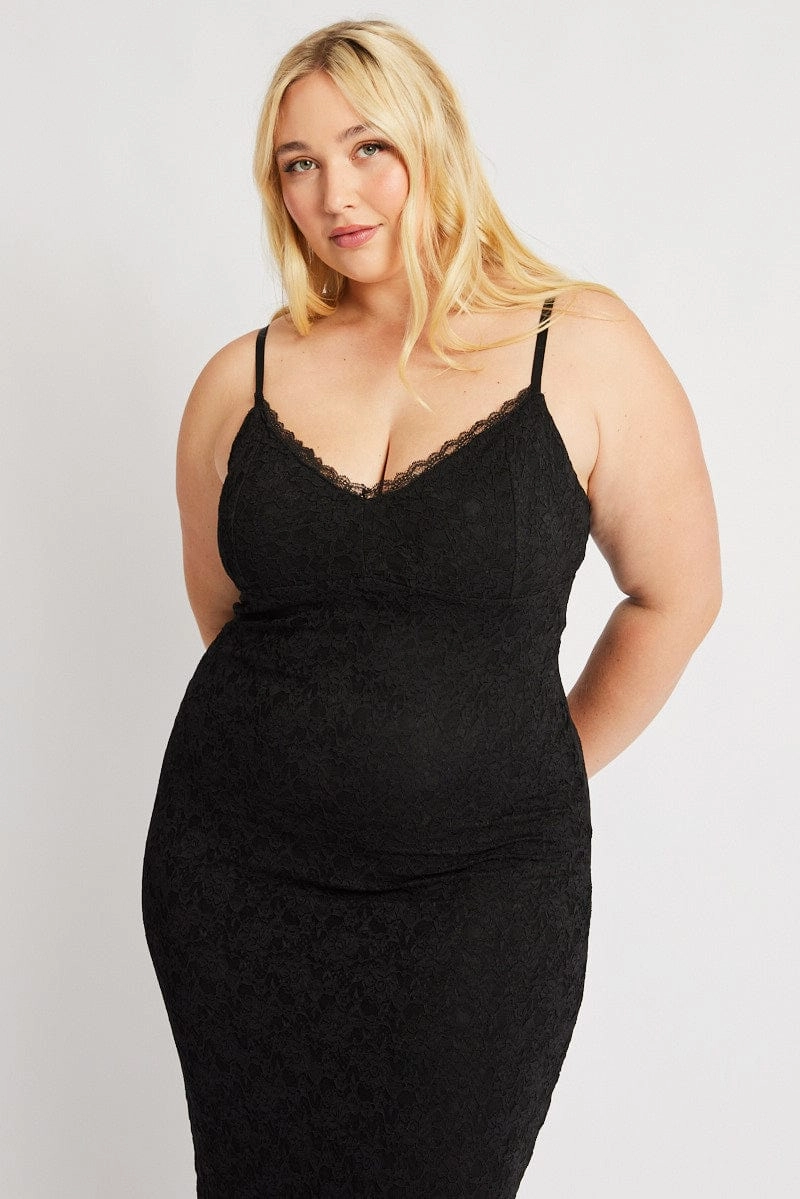 Airy Movement Chic And Comfortable Black Lace Bodycon Midi Dress