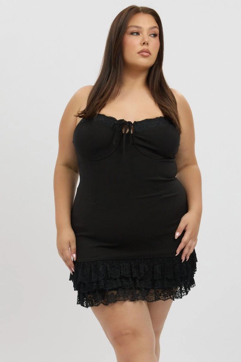 Black Lace Hem Frill Shoestring Strap Fitted Minidress Edgy-Look Low Key