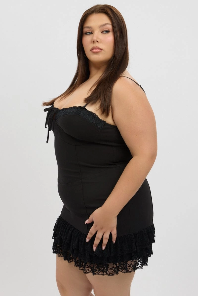Black Lace Hem Frill Shoestring Strap Fitted Minidress Glossy-Finish Flattering Comfort Wear