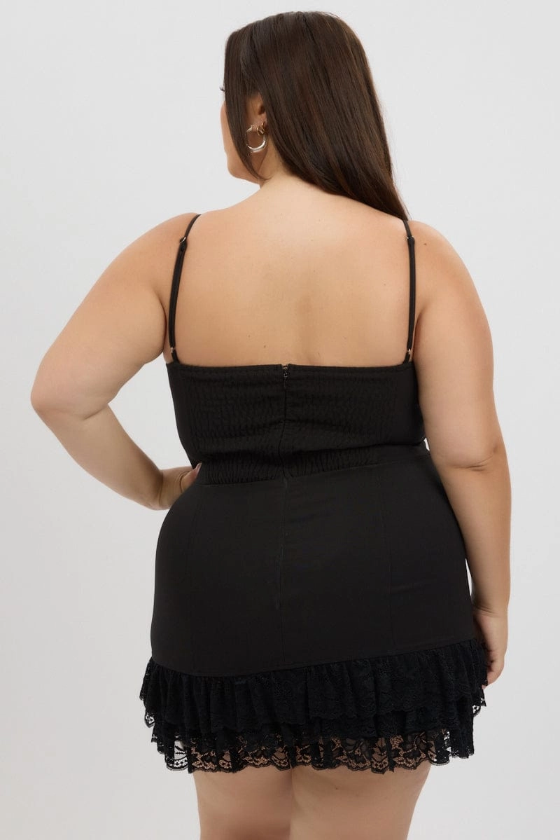 Resort Vibes Black Lace Hem Frill Shoestring Strap Fitted Minidress