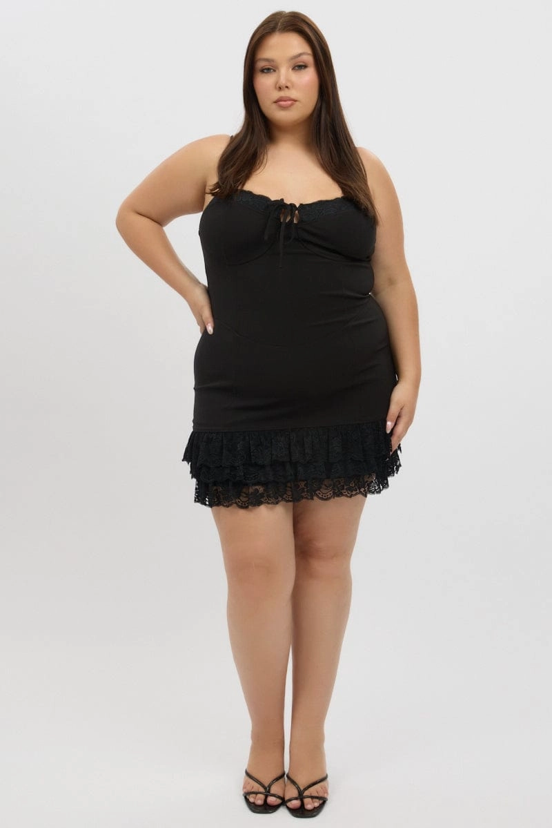 Chic Spirit Flattering Shape Black Lace Hem Frill Shoestring Strap Fitted Minidress