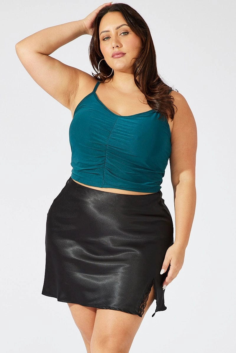 Black Lace Trim Satin Skirt Wrap Front