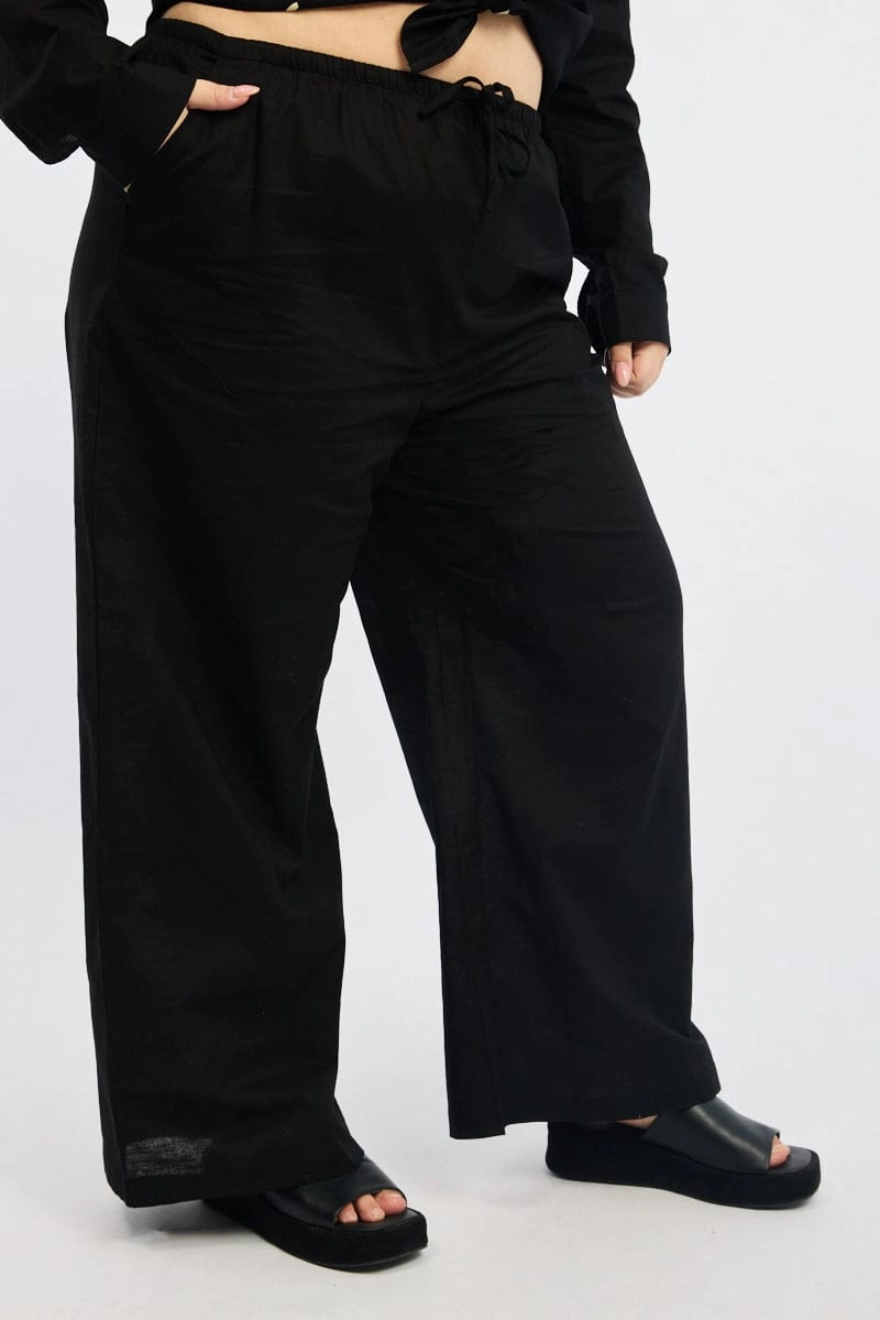 Black Linen Blend Drawstring Waist Wide Leg Pants Go Anywhere