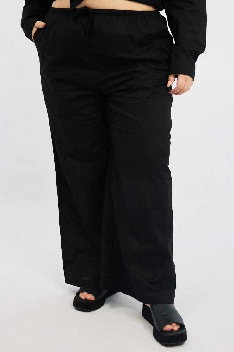 Cold Weather Gear Black Linen Blend Drawstring Waist Wide Leg Pants
