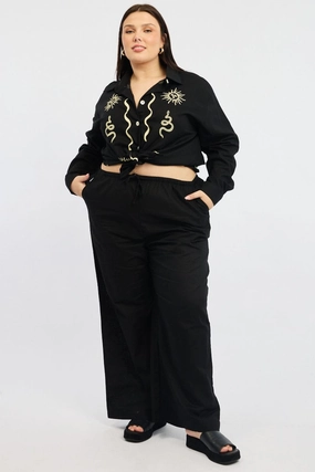 Black Linen Blend Drawstring Waist Wide Leg Pants ErgonomicStitching Lightweight Design