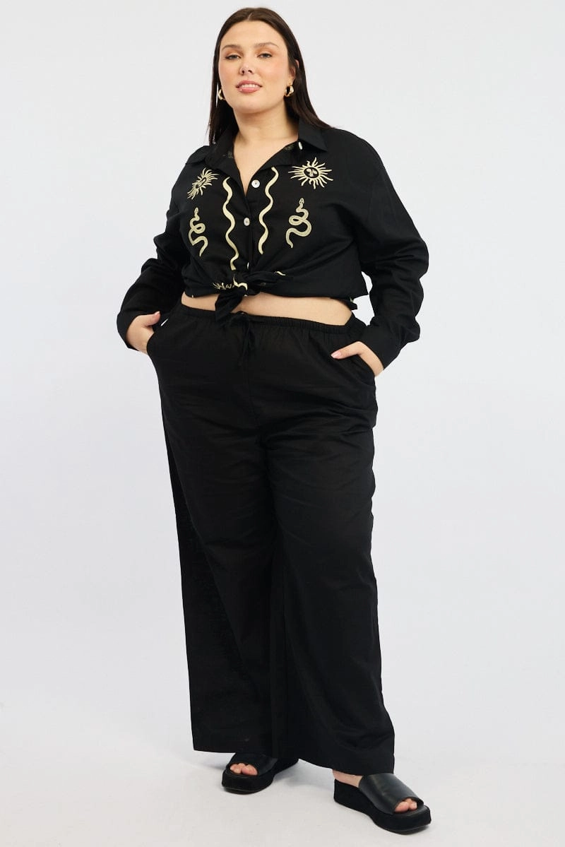 Black Linen Blend Drawstring Waist Wide Leg Pants ErgonomicStitching Lightweight Design