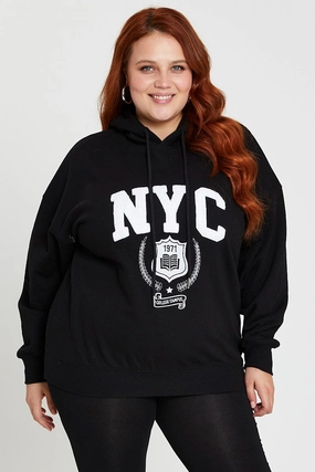 Black Long Sleeve Hoodie New York Embroidery Sweat patch accents