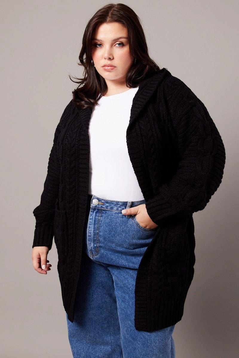 Black Longline Cardigan Long Sleeve Hooded Cable Knit RubberizedTrim Neutral Style