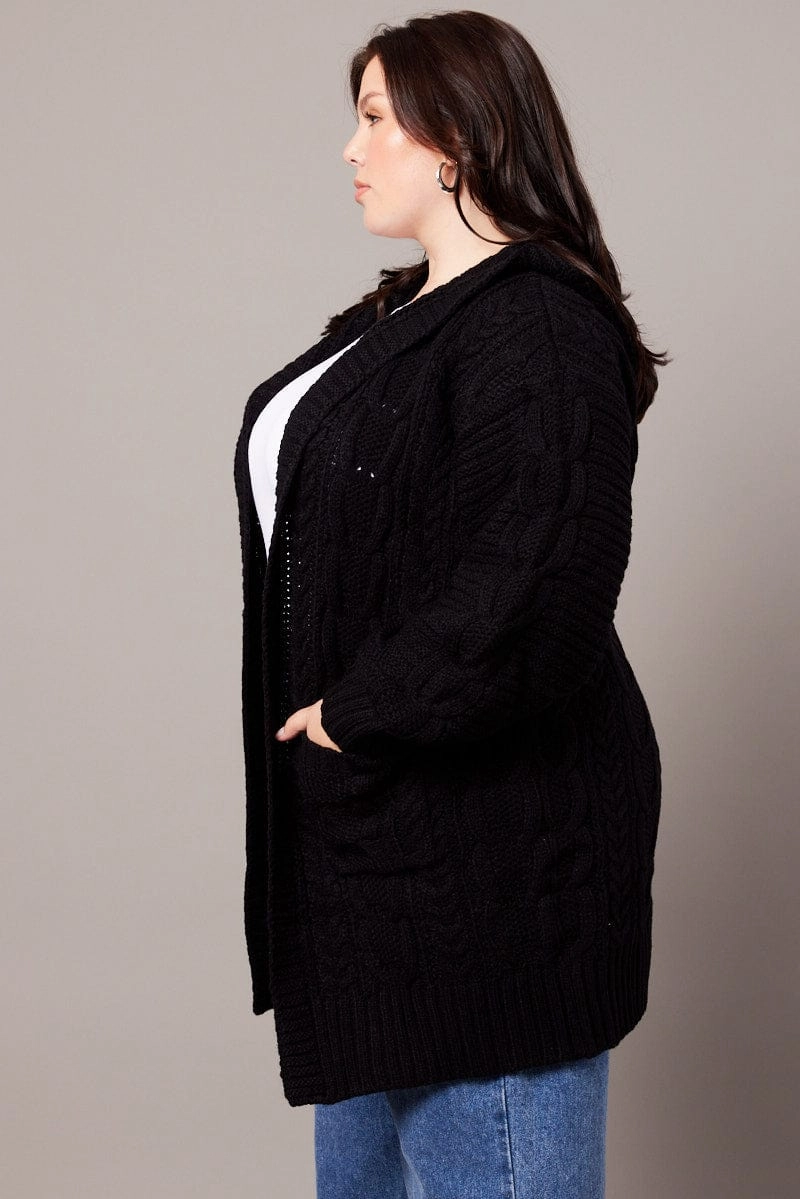 Stretch Comfort Design WeatherproofZipper Black Longline Cardigan Long Sleeve Hooded Cable Knit