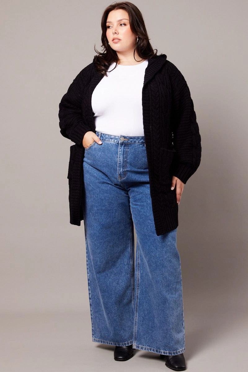 Black Longline Cardigan Long Sleeve Hooded Cable Knit Travel Commuter Layer Reinforced Stress Points