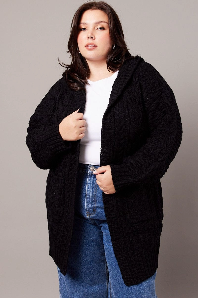 Easy Care Fabric Black Longline Cardigan Long Sleeve Hooded Cable Knit