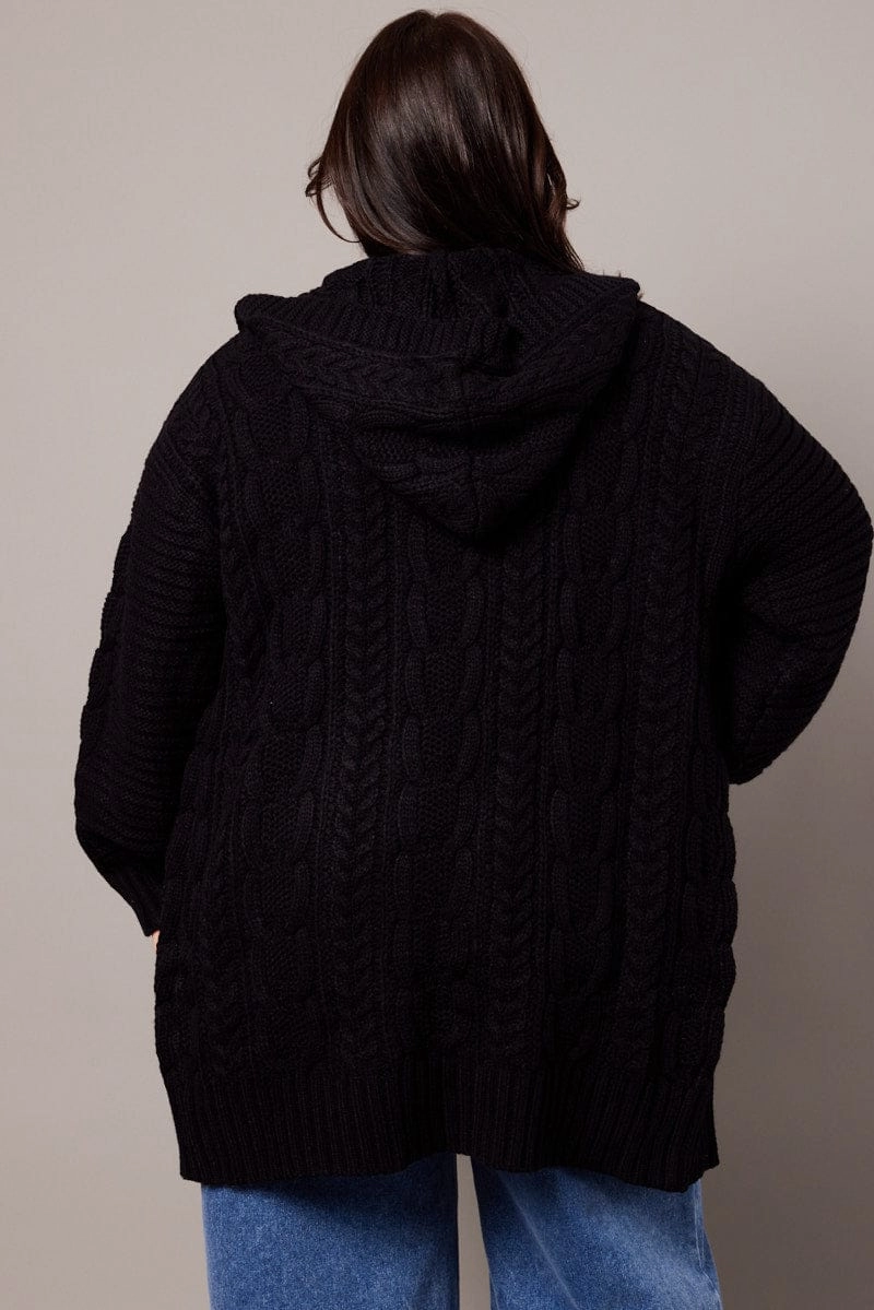 Black Longline Cardigan Long Sleeve Hooded Cable Knit Temperature Regulating Fabric
