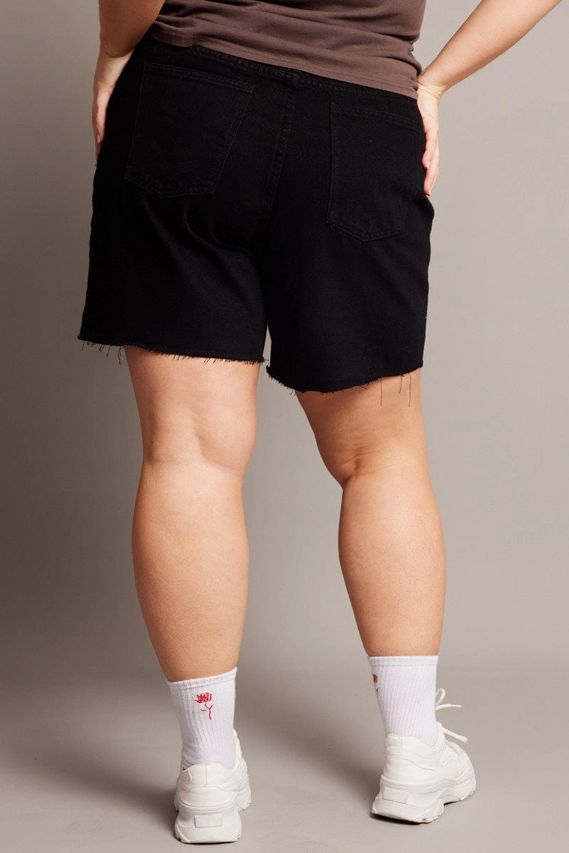 Black Longline Shorts High Rise Relaxed Fit Raw Hem nylon blend Reflective Safety Detailing