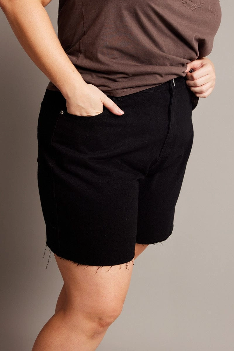 Smart Look Black Longline Shorts High Rise Relaxed Fit Raw Hem