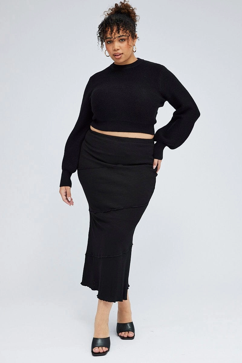 Structured silhouette Black Maxi Skirt Asymmetrical Rib