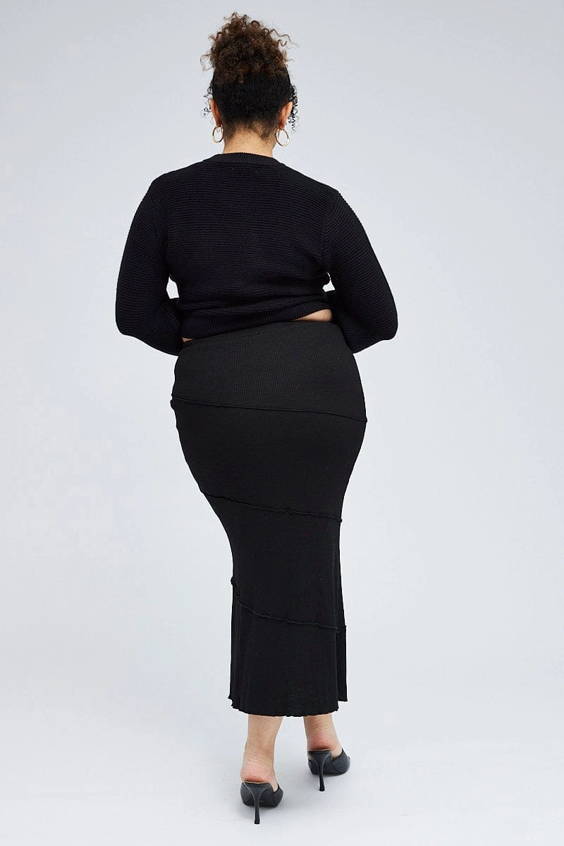 Push Button Closure Black Maxi Skirt Asymmetrical Rib