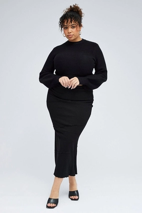 Black Maxi Skirt Asymmetrical Rib Refined Style Opaque Lining