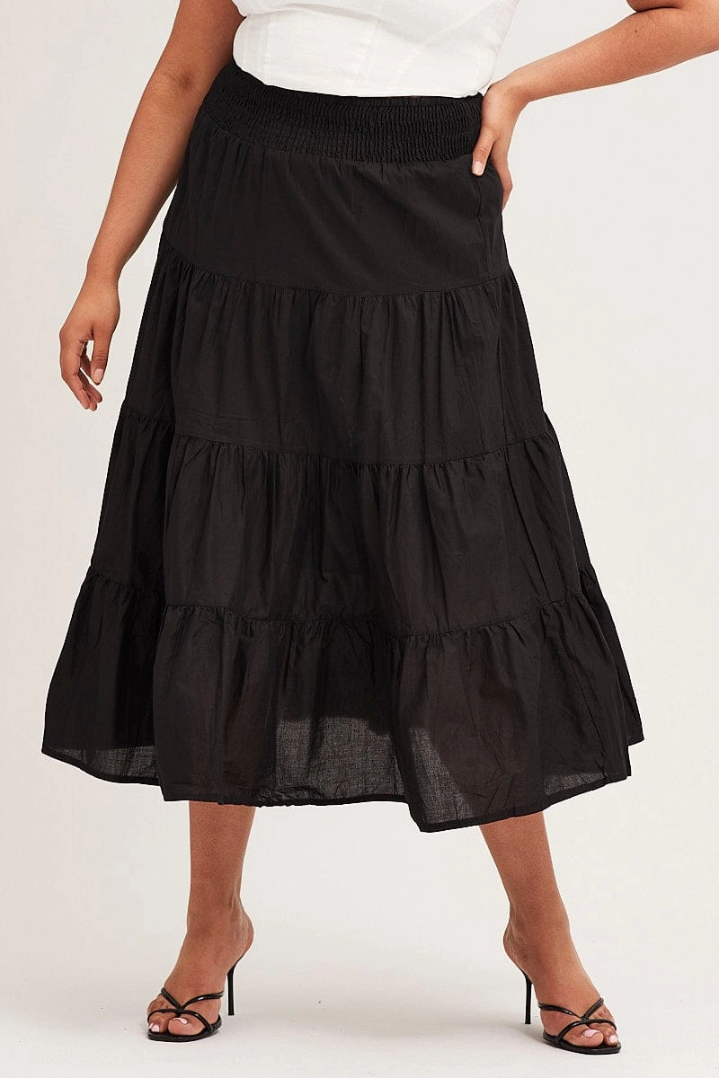 Black Maxi Skirt Cotton Blend Tie Classic Fit Earth Tones