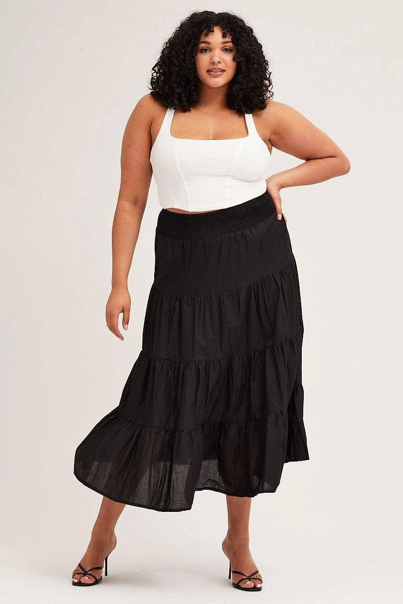 Bold Accent Black Maxi Skirt Cotton Blend Tie