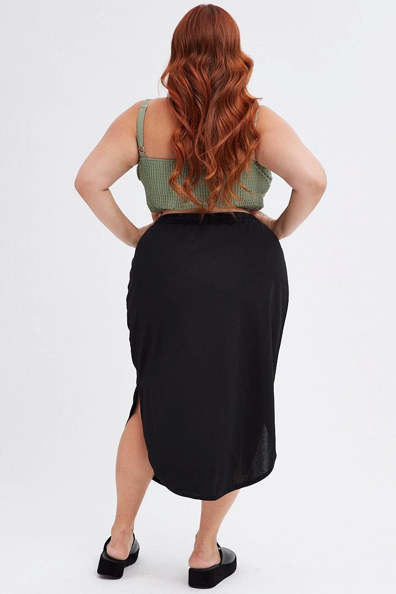 Black Maxi Skirt Elastic Waist Curve Hem Embroidered Detail Rolled Hem