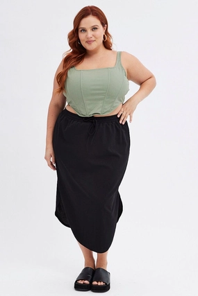 Back Slit Black Maxi Skirt Elastic Waist Curve Hem