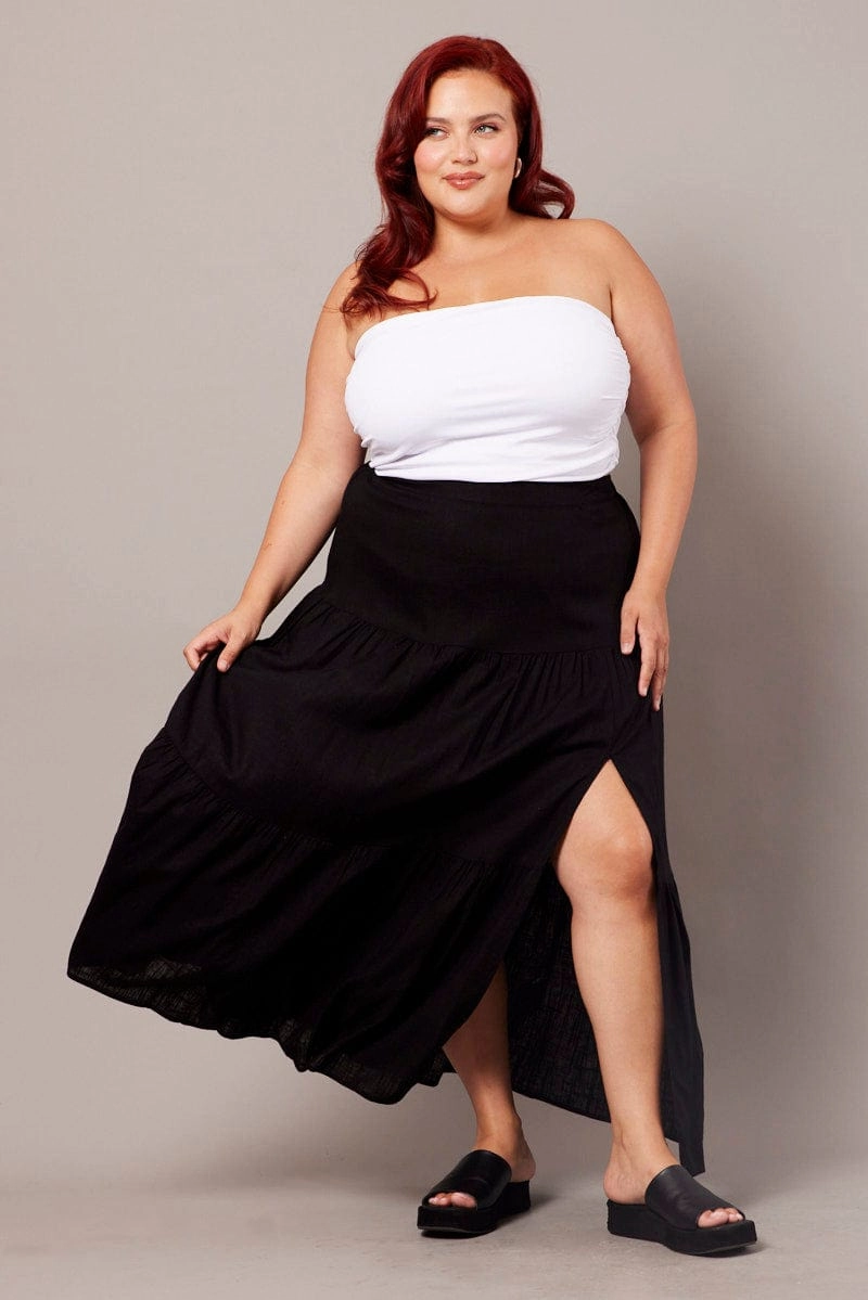 Black Maxi Skirt Linen Blend Split Soft Outfit Minimal Design