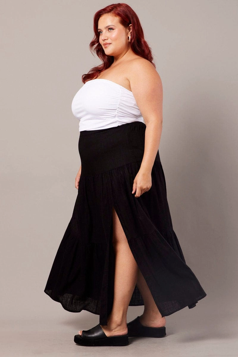 Black Maxi Skirt Linen Blend Split Comfy Fit