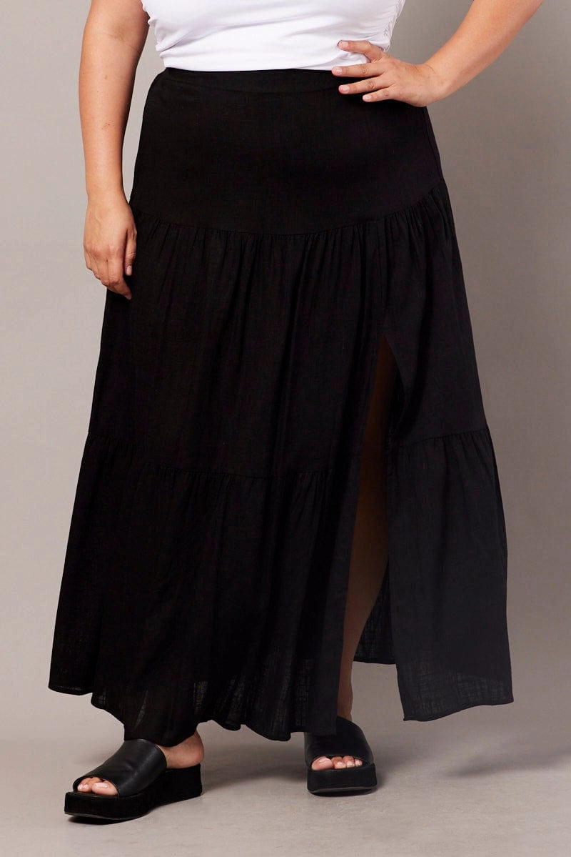 Pull On Style Urban Style Black Maxi Skirt Linen Blend Split