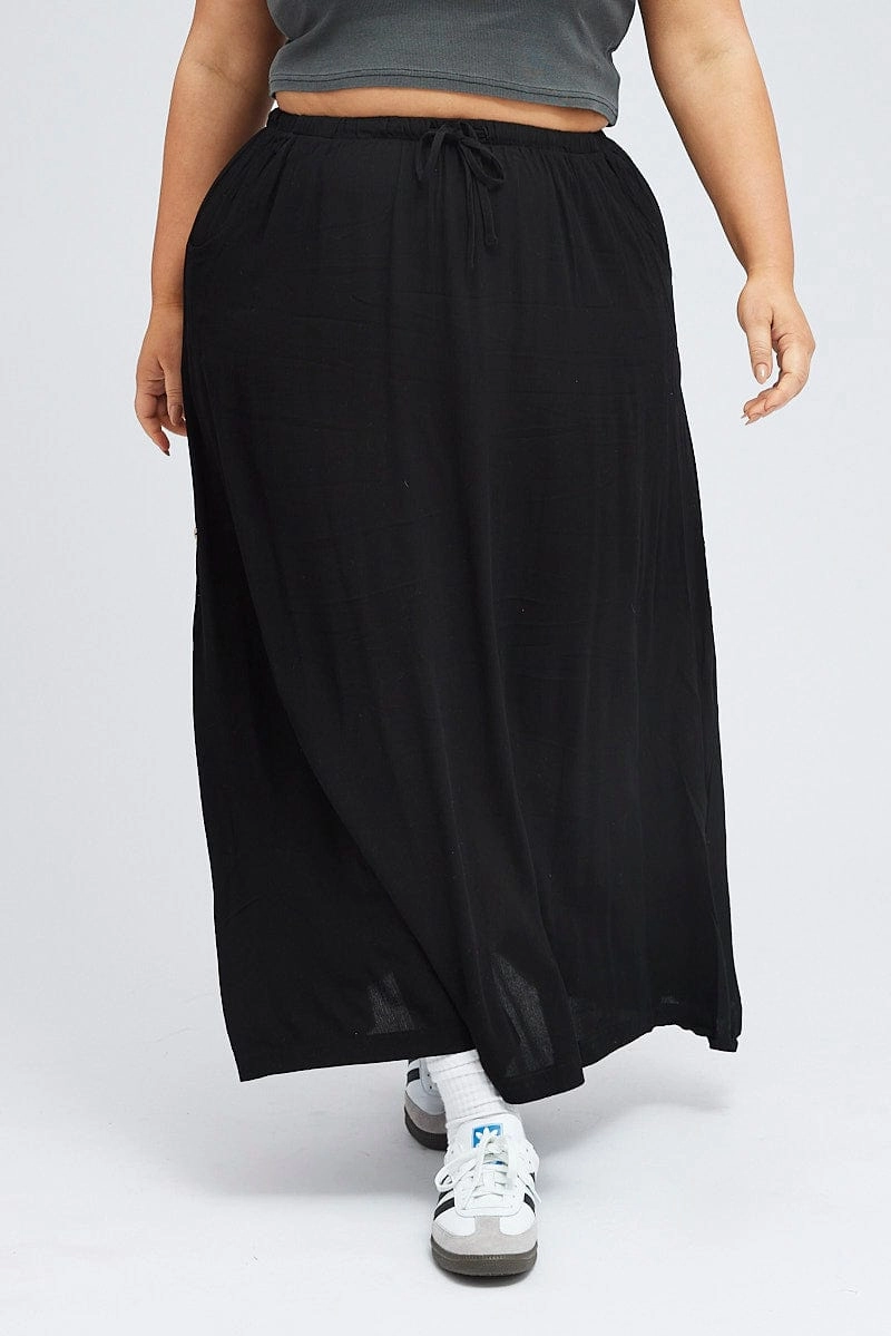 Artisanal Craft Bold Accent Black Maxi Skirt Long Side Tab Adjustable
