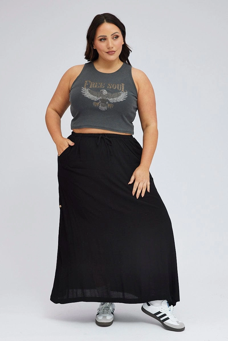 Black Maxi Skirt Long Side Tab Adjustable Cool Touch casual finish