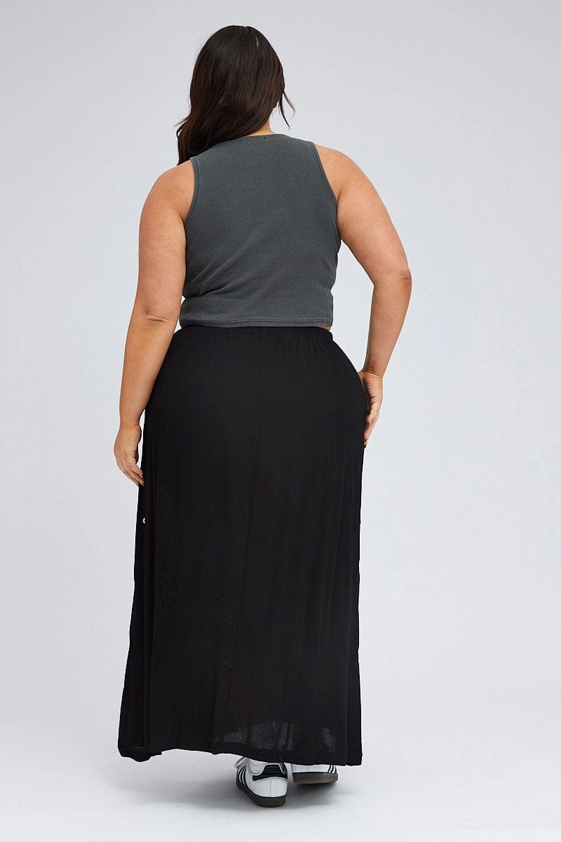 Side Pockets Double Stitched Black Maxi Skirt Long Side Tab Adjustable