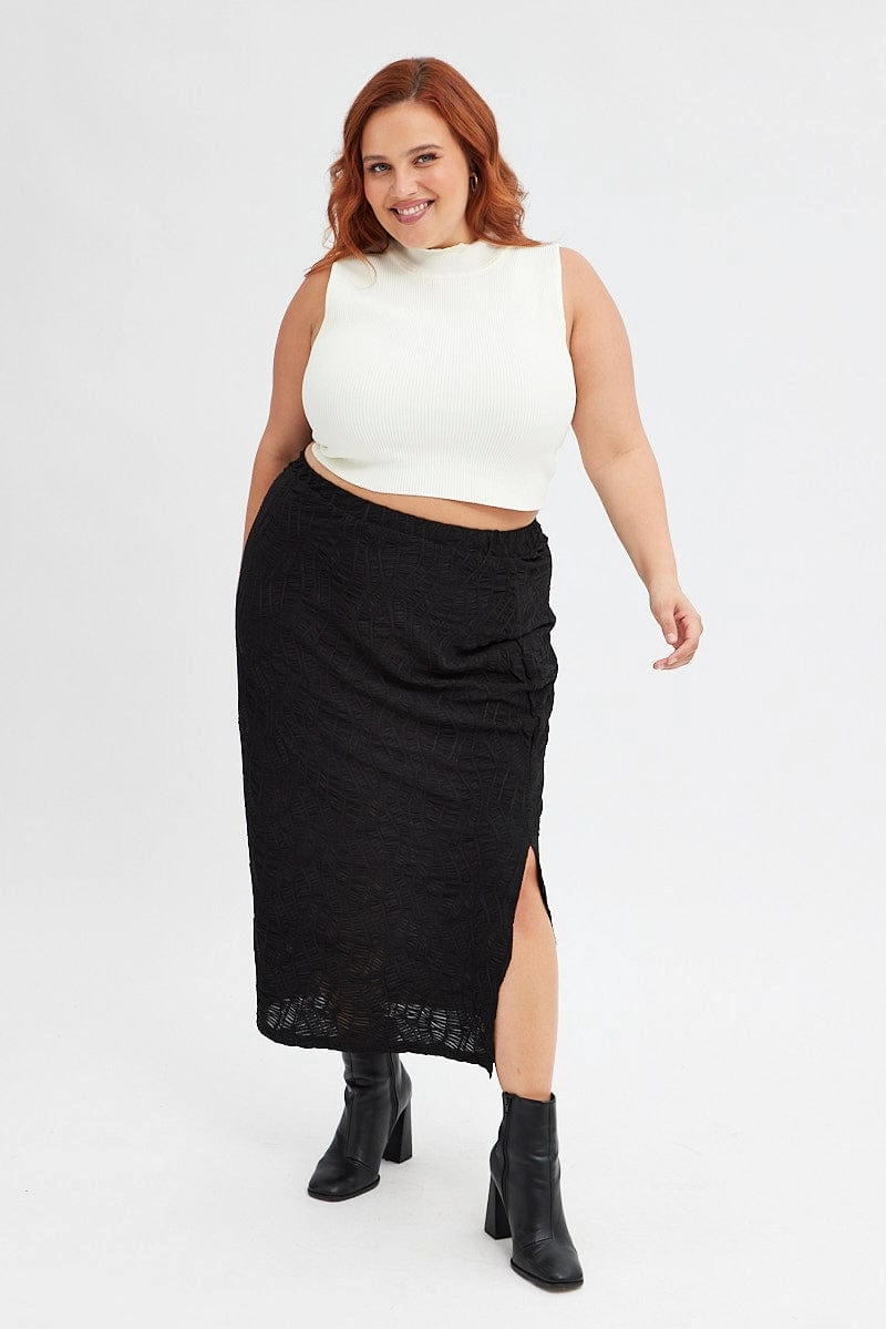 Black Maxi Skirt Side Split Lightweight texture Contoured Waist