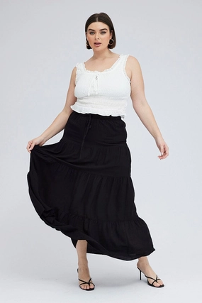 Black Maxi Skirt Tie Elastic Waist Textured Outfit Details Chic Look