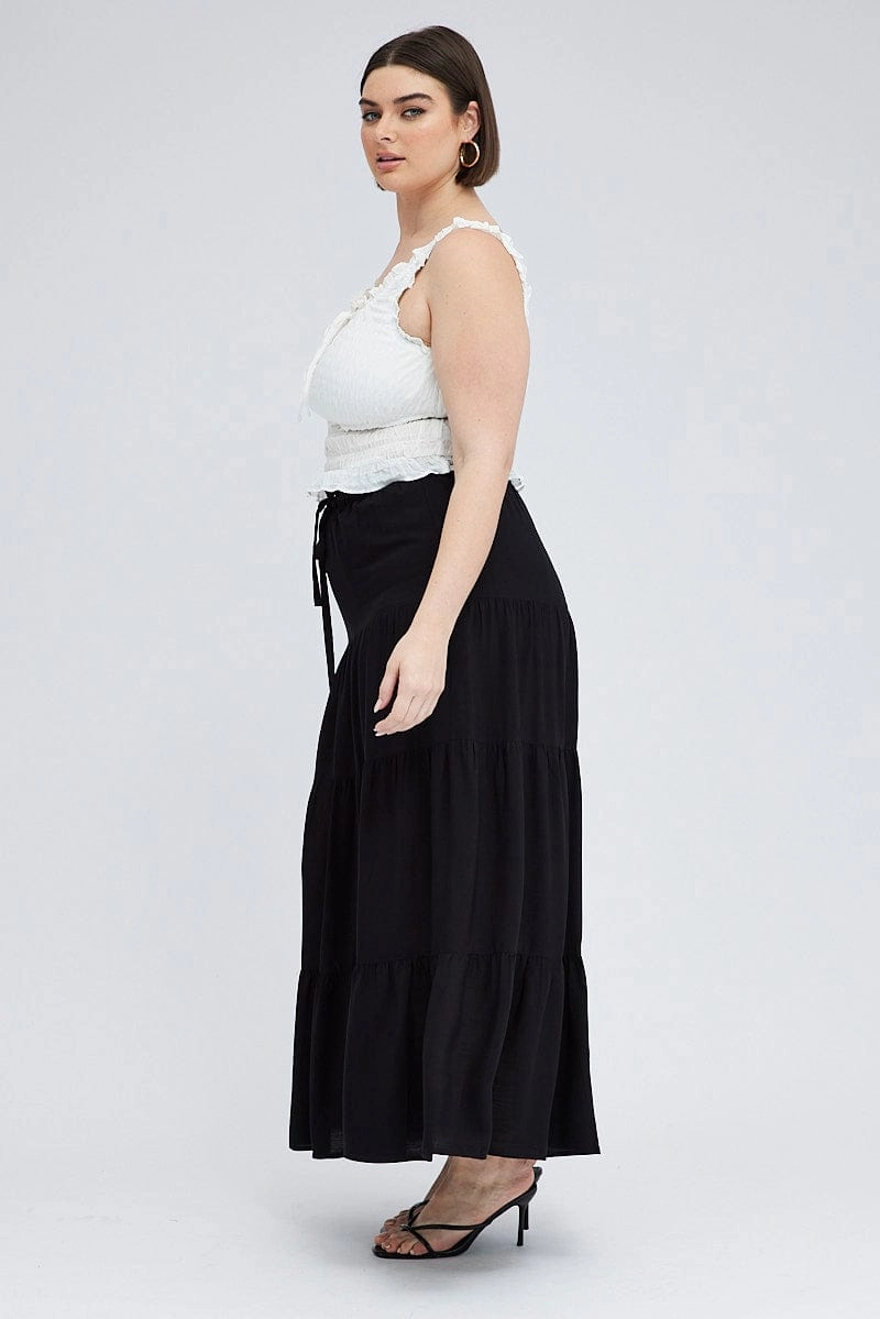 Travel Vibes Black Maxi Skirt Tie Elastic Waist Textured