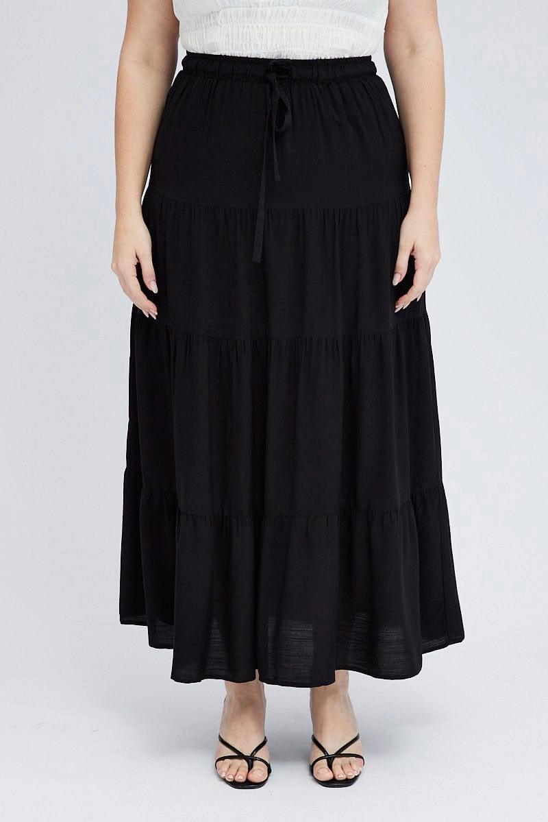 High Street Chic Black Maxi Skirt Tie Elastic Waist Textured