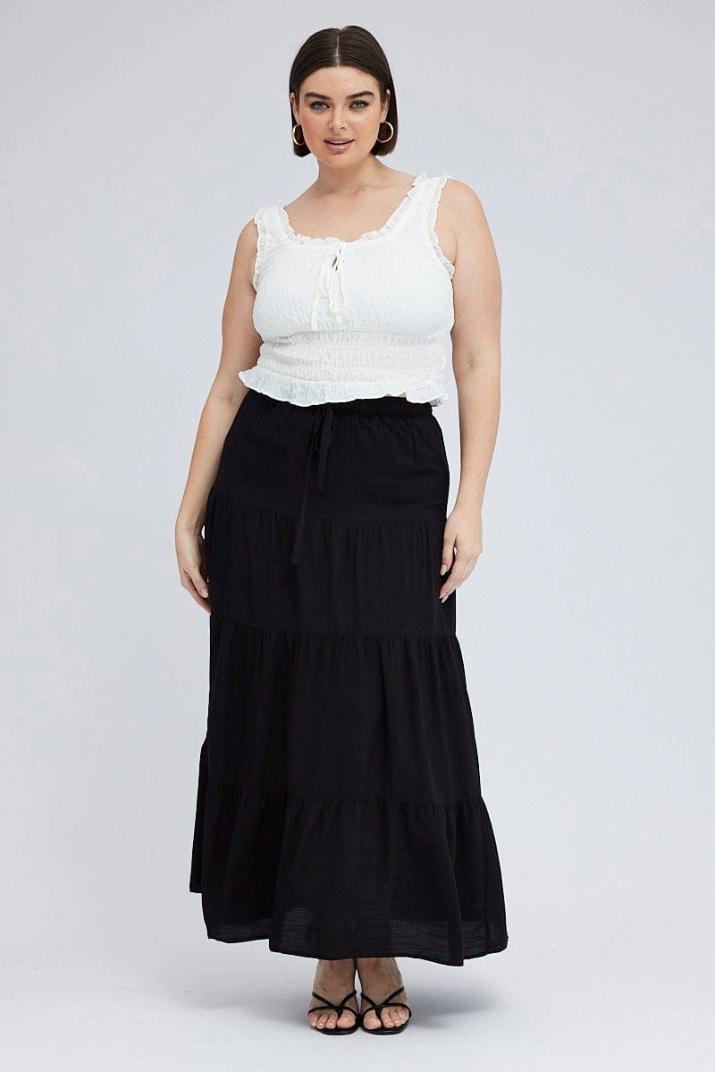 Black Maxi Skirt Tie Elastic Waist Textured Flexible Waistband