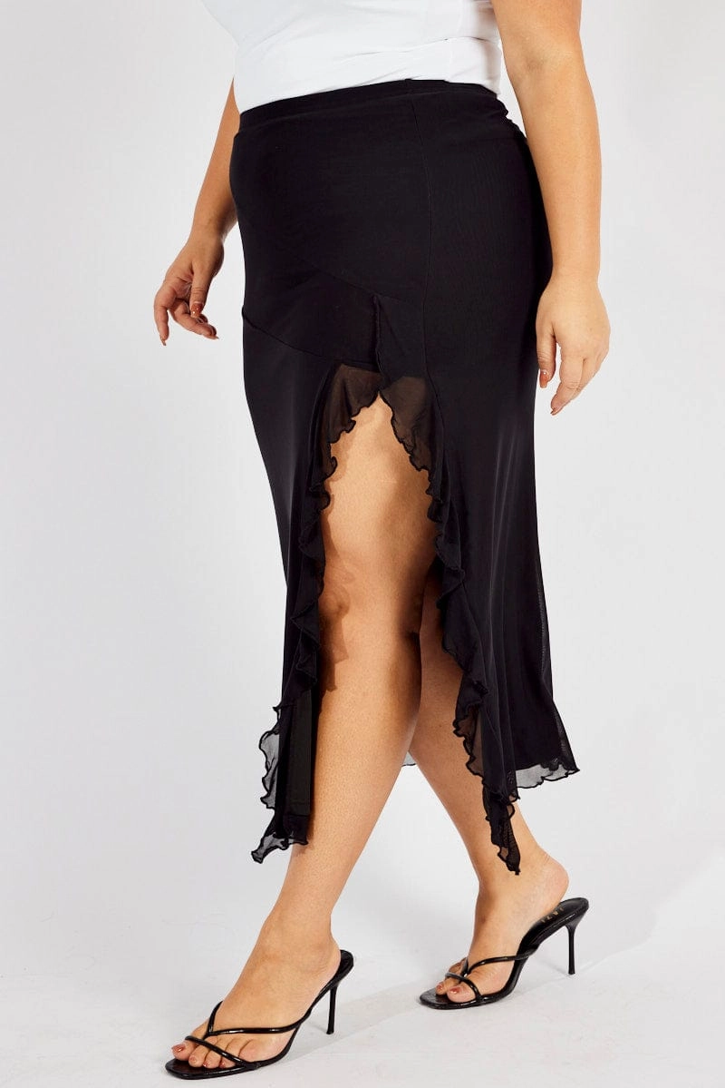 Black Mesh Frill Panel Skirt Fold Over Design